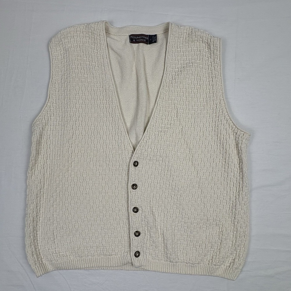 VTG 90s Roundtree & Yorke Vest/Waistcoat Large Ivory Basketweave Knit Cotton USA